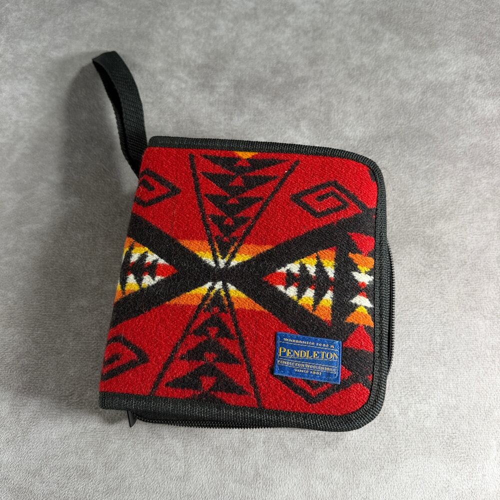 VTG Pendleton Colorful Wool CD Case Holder Aztec Print Zippered Wristlet